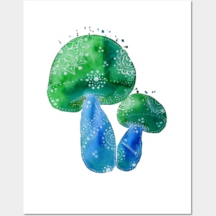 Blue and Green Primitive Mushrooms Posters and Art